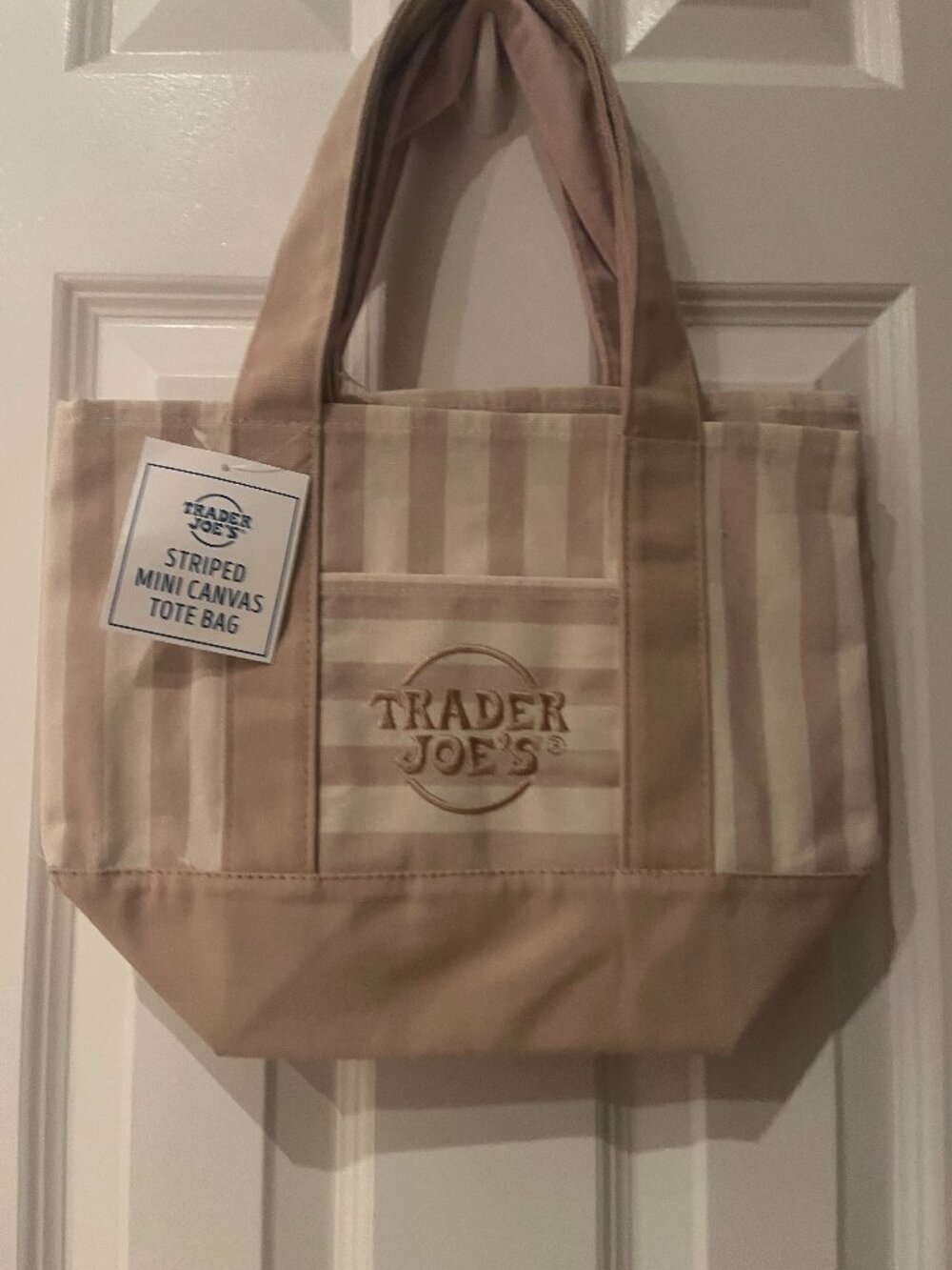 Limited Edition Trader Joe’s Striped Mini Canvas Tote Bag Tan Beige NWT